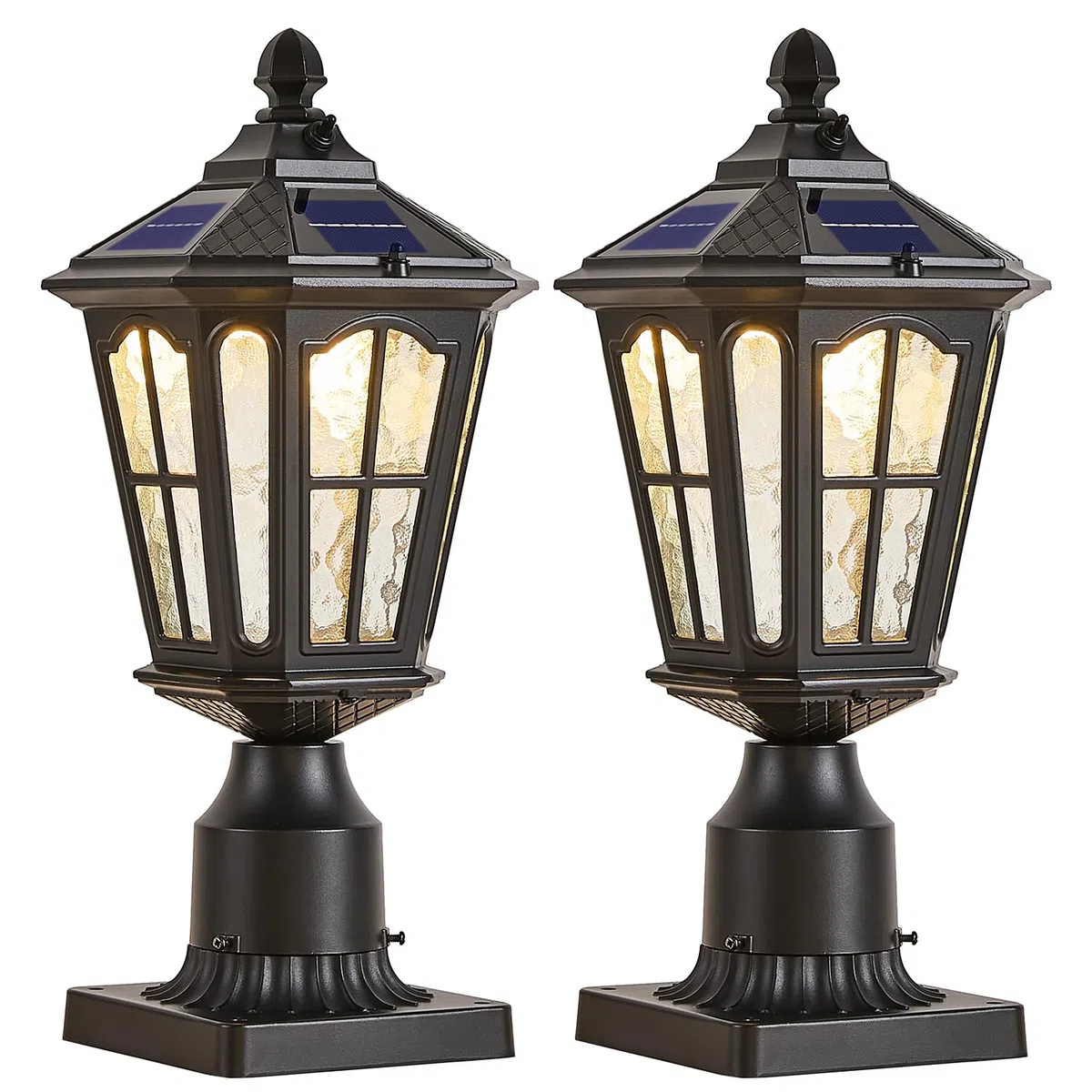 2 Stück Solarleuchte für den Außenbereich, Pfostenleuchte mit Pier Mount Base, Dämmerung bis Morgendämmerung, Aluminium, klassische Außenpolleuchten mit Wasserwellen-Glas, Solar-Säulenleuchten für