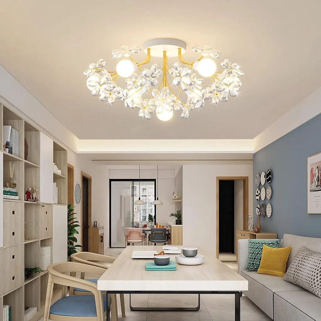 Deckenleuchte E27 Mittelalterliche dekorative Deckenlampe Kristall Löwenzahn Kreativer Kronleuchter Gold Eisen Lampenkörper Kücheninsellampe Geeignet für Schlafzimmer Wohnzimmer Hotelbar