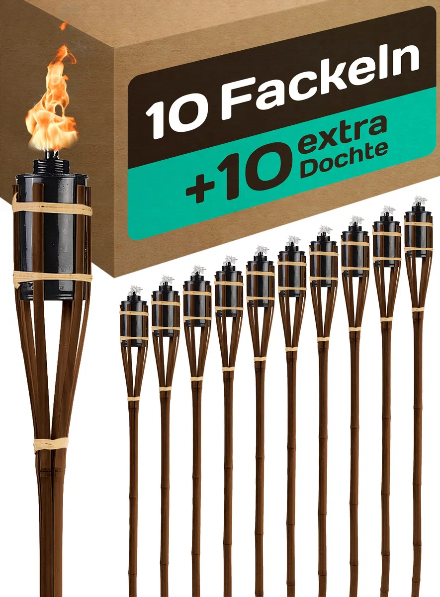 STAR - LINE 10 Garten Fackeln für Draußen aus Bambus Holz 90cm - Lange Brenndauer - Nachfüllbar - Ink.10 Extra Dochten - Fackeln für Garten - Ölfackeln - Bambusfackeln für Gartenparty - Gartenfackeln