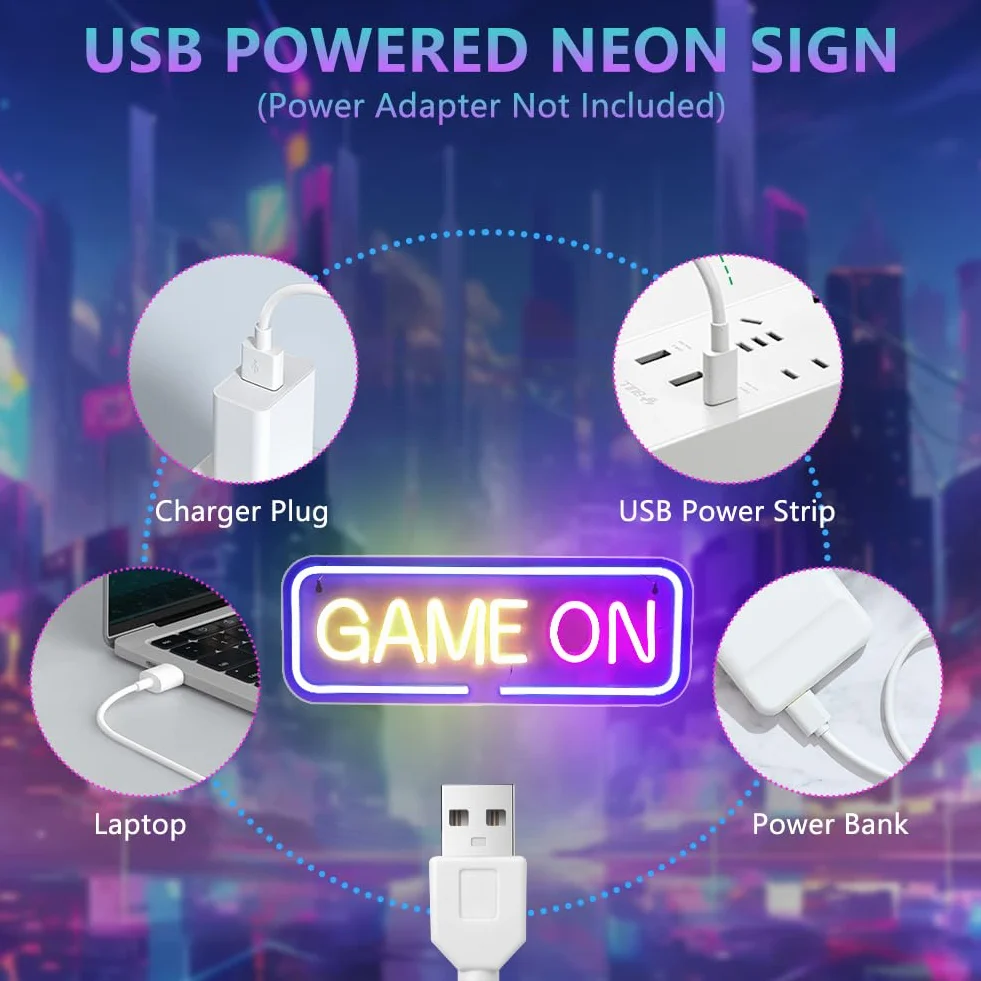 GAME ON Neon Licht,LED Neon Schild,USB Betrieben,Spiel Schriftzug Leuchtreklame,Brief Neon Light Sign für Bier Bar Resturant Game Room Wanddekoration