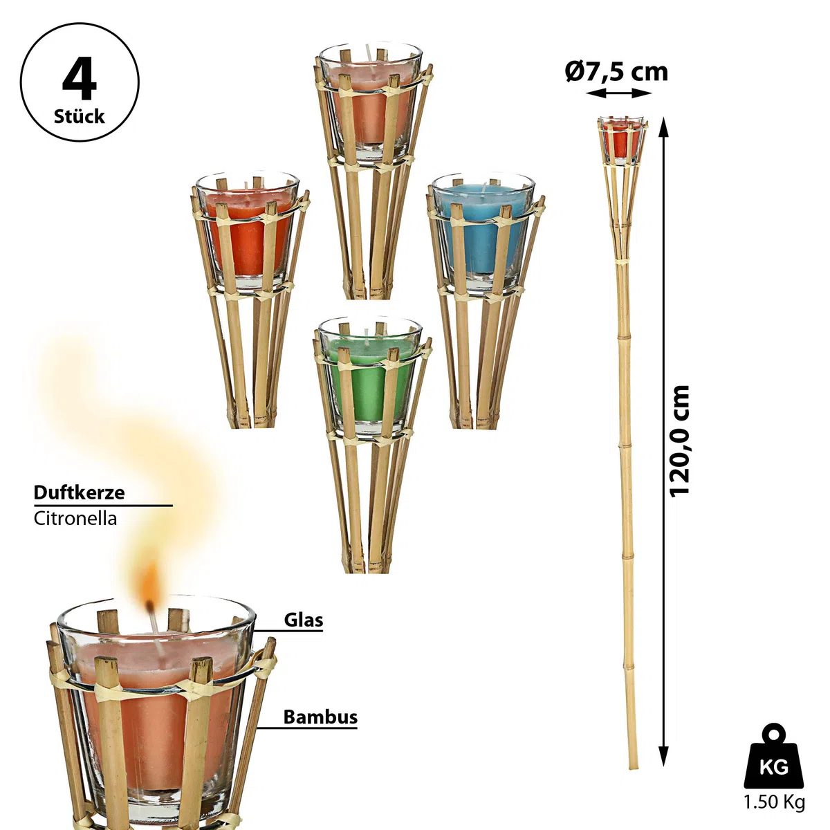 Gartenfackel Bambus Citronella | Zitronenduft H 120 cm Glas Wachs farbig | Duftkerze im Glas Fackel (1 x 4er Set Gartenfackel)