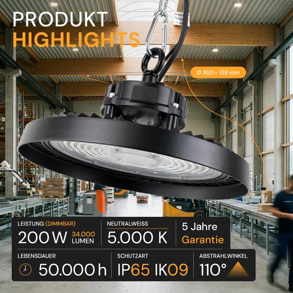 4 Stück LED Hallenstrahler 200W 34000lm, 5000K Neutralweiß