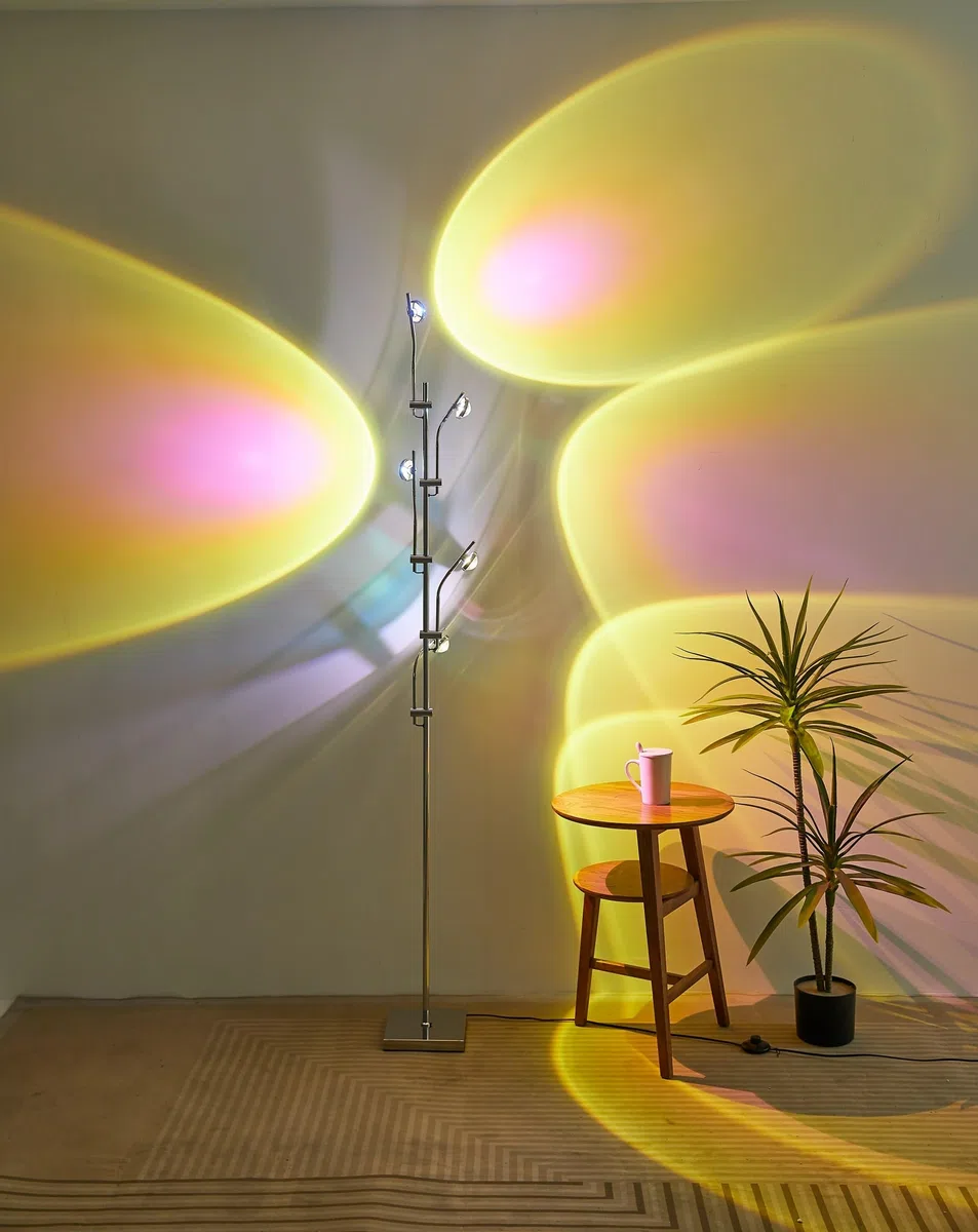 NKU Sunset Stehlampe, Projektor, 5 Köpfe, Multi-Kopf-Stehlampe mit austauschbaren Filtern, Stimmungsbeleuchtung für Schlafzimmer, Wohnzimmer, 183 cm, Chrom, einzigartig, modern, bunt