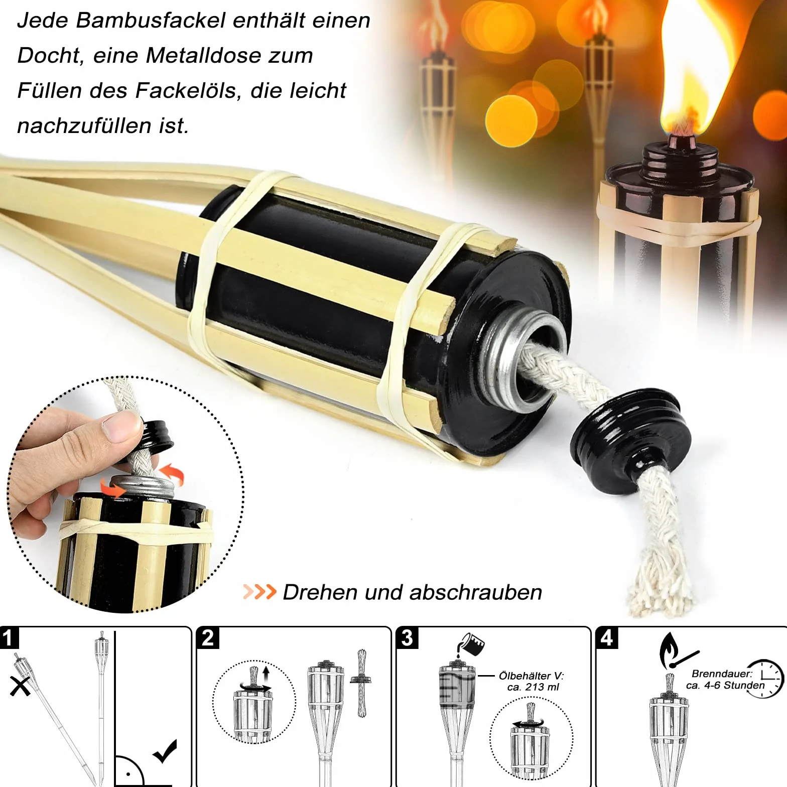 AufuN Bambus Gartenfackel, 12/24/36er Set Bambusfackeln Fackel, Ölfackeln für draußen, Outdoor Fackeln mit Ersatzdocht, Öllampe Wegleuchte, Höhe: 90 cm (12er Set)