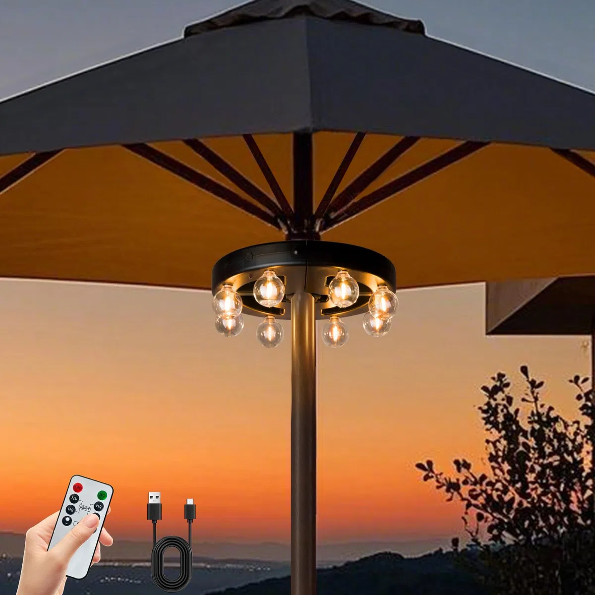 Regenschirm-Lichter für den Außenbereich, Terrasse, wiederaufladbar, kabellos, 8 LED-Lampen