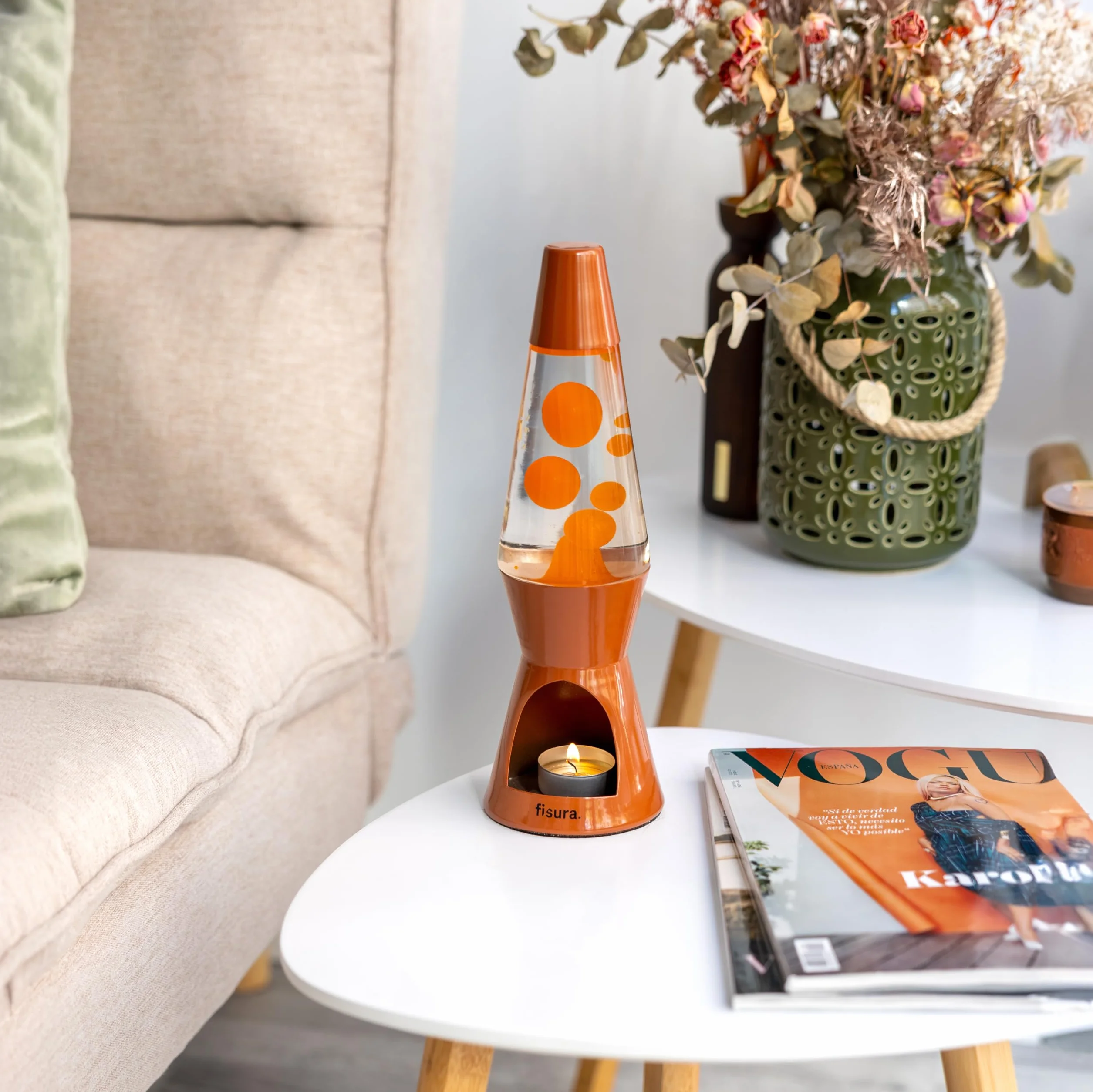 FISURA – Terrakotta Lavalampe ohne Strom. Umweltfreundliche Lampe. Originelles Geschenk. 29 cm x 8,5 cm (Kerze nicht enthalten), Orange/Abendrot im Zickzackmuster (Sunset Chevron)