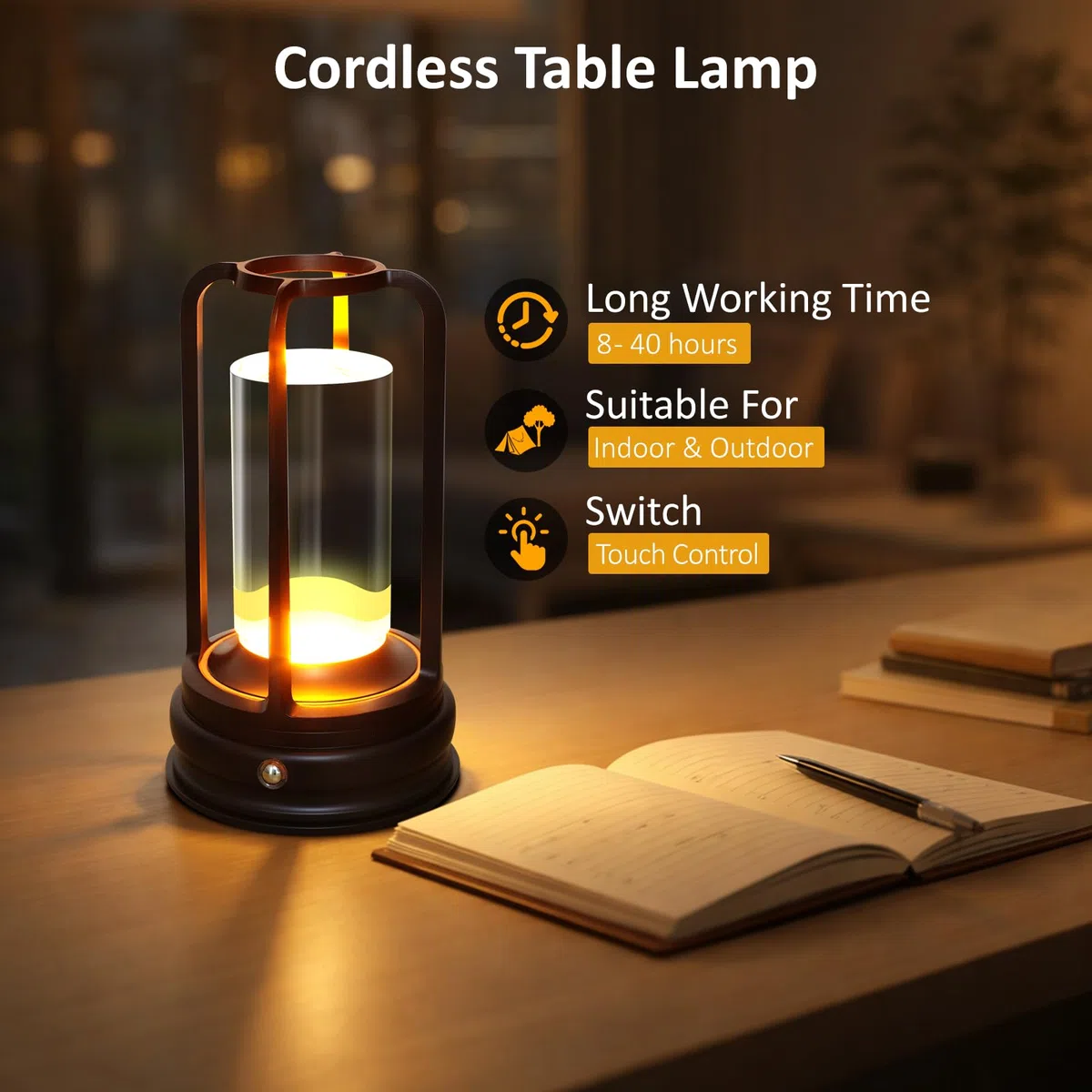 Kangtaixin LED Tischlampe kabellos, Dimmbare Akku-Tischlampe mit Touchsteuerung, 3 Lichtfarben, Nachttischlampe aus Metall, für Schlafzimmer & Wohnzimmer, 1er Pack, Schwarz