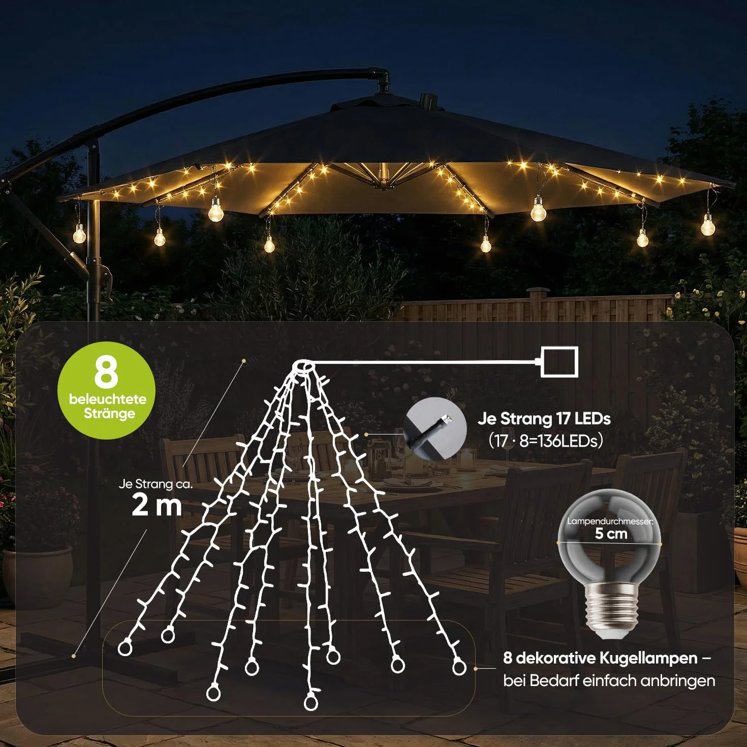 Sekey Sonnenschirm Beleuchtung Solar LED Lichterkette mit 136 LEDs & 8 Glühbirnen, Fernbedienung 8 Modi, Garten Terrasse Party Deko Licht für Ampelschirm und Sonnenschirm