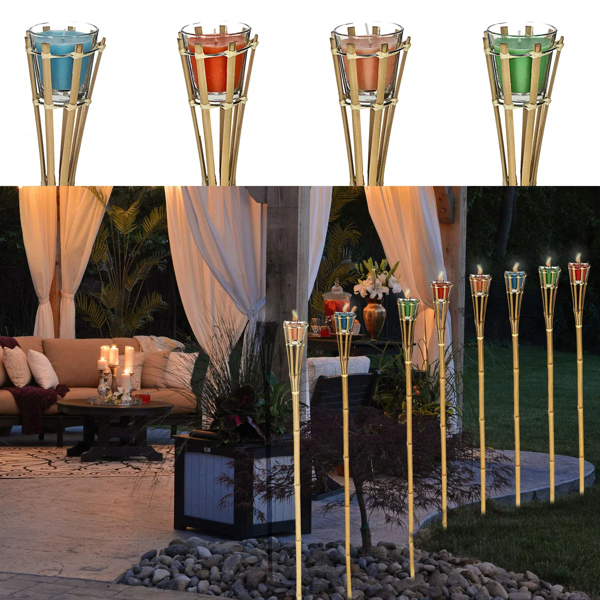 Gartenfackel Bambus Citronella | Zitronenduft H 120 cm Glas Wachs farbig | Duftkerze im Glas Fackel (1 x 4er Set Gartenfackel)