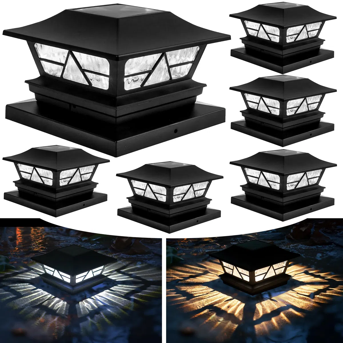 TW SHINE Solar-Zaunpfostenleuchten für den Außenbereich, 2 Modi, wasserdicht, warmweiß/kaltweiß, für Hof, Garten, Veranda, Terrasse, Dekoration, für 4 x 4, 5 x 5, 6 x 6 Holzpfosten, 6 Stück