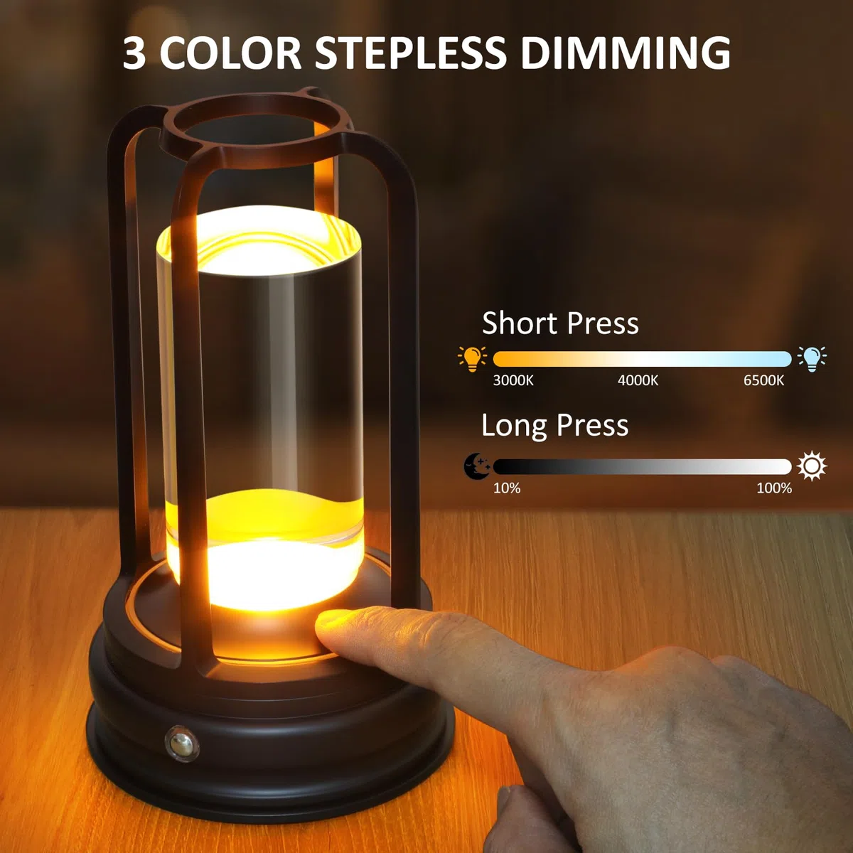 Kangtaixin LED Tischlampe kabellos, Dimmbare Akku-Tischlampe mit Touchsteuerung, 3 Lichtfarben, Nachttischlampe aus Metall, für Schlafzimmer & Wohnzimmer, 1er Pack, Schwarz