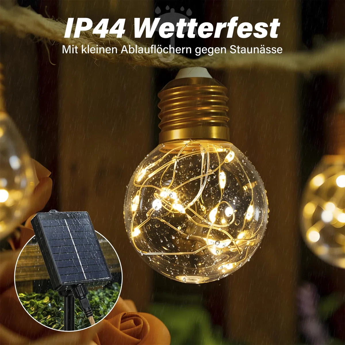 Ollny Solar Lichterkette Aussen, 16 LED Glühbirnen 8M, Lichterkette Außen Solar mit 8 Modi, Timer, Dimmbar & Memory Funktion, Wetterfest für Garten, Balkon Deko, Warmweiß