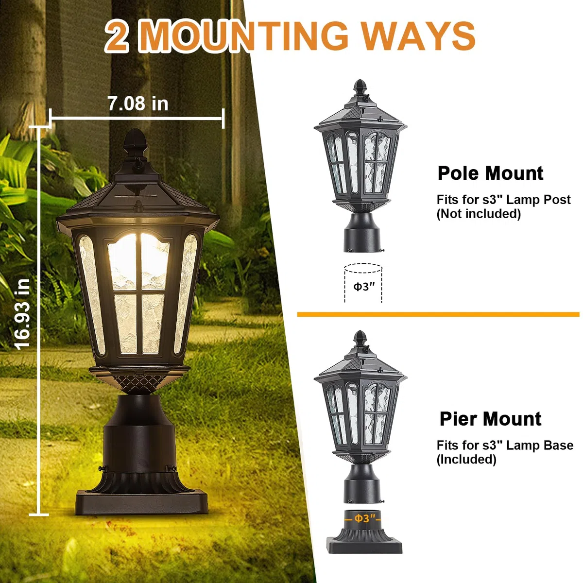 2 Stück Solarleuchte für den Außenbereich, Pfostenleuchte mit Pier Mount Base, Dämmerung bis Morgendämmerung, Aluminium, klassische Außenpolleuchten mit Wasserwellen-Glas, Solar-Säulenleuchten für