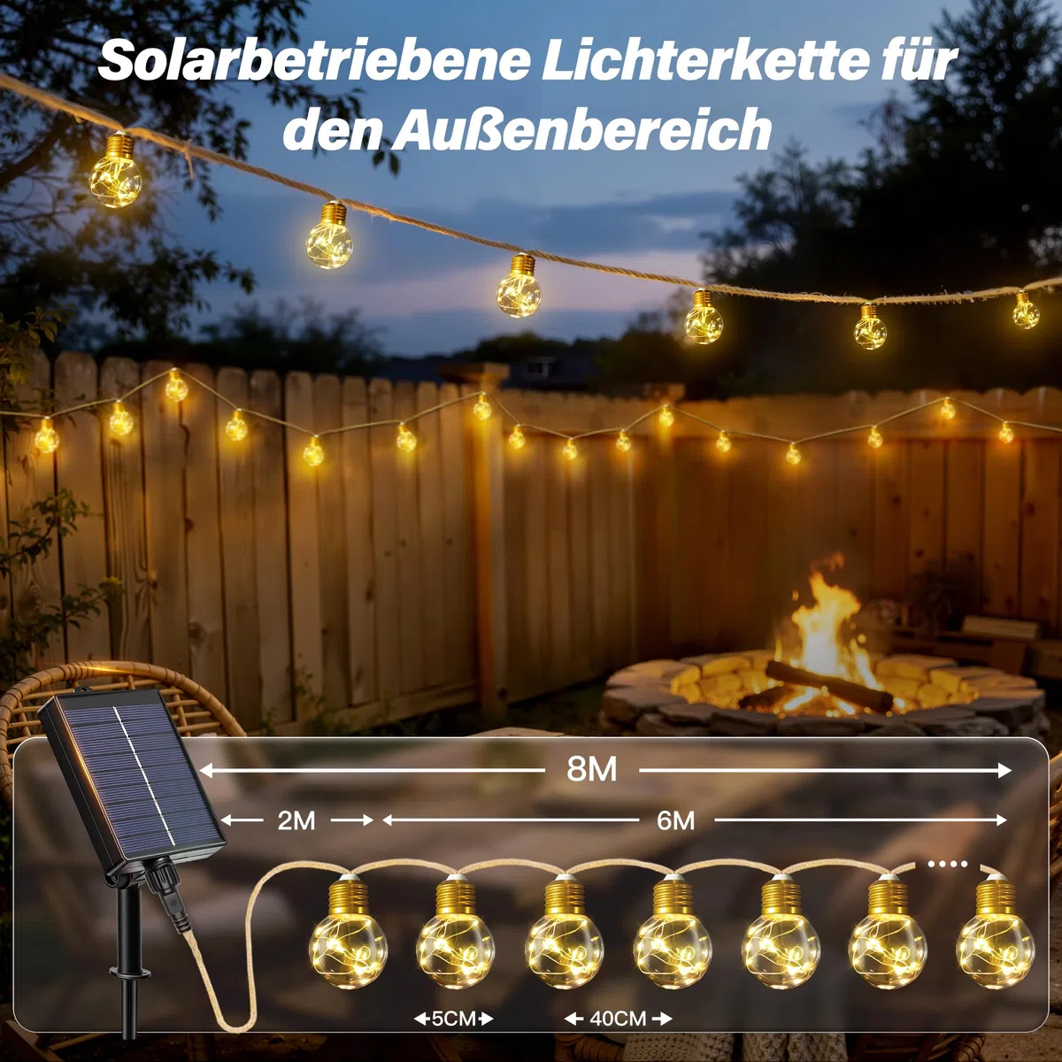 Ollny Solar Lichterkette Aussen, 16 LED Glühbirnen 8M, Lichterkette Außen Solar mit 8 Modi, Timer, Dimmbar & Memory Funktion, Wetterfest für Garten, Balkon Deko, Warmweiß