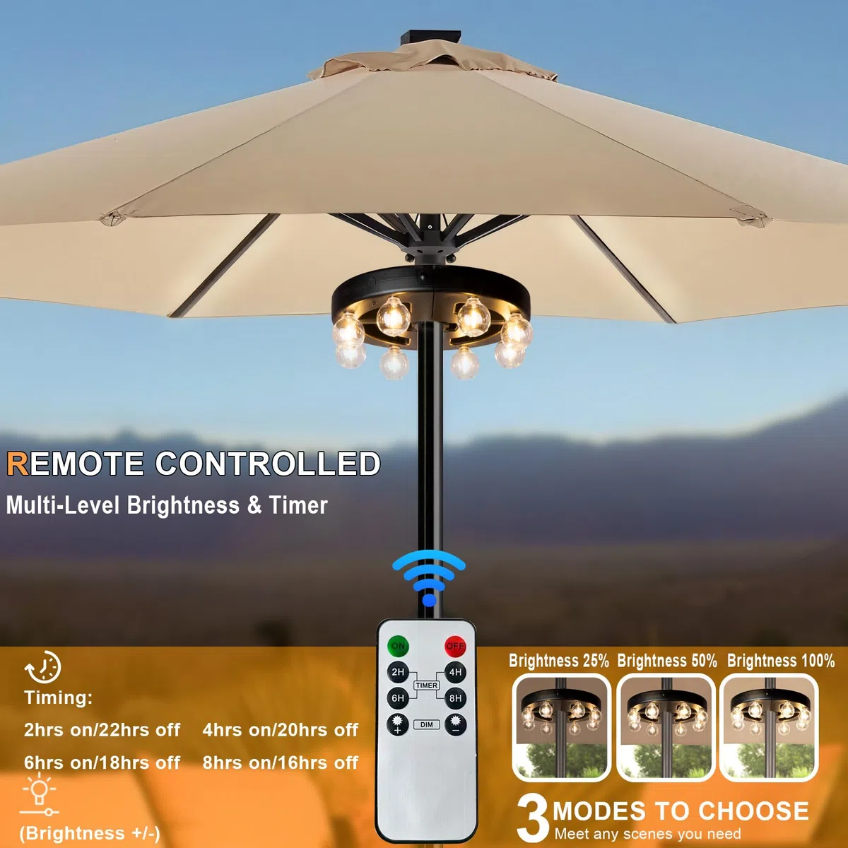 Regenschirm-Lichter für den Außenbereich, Terrasse, wiederaufladbar, kabellos, 8 LED-Lampen