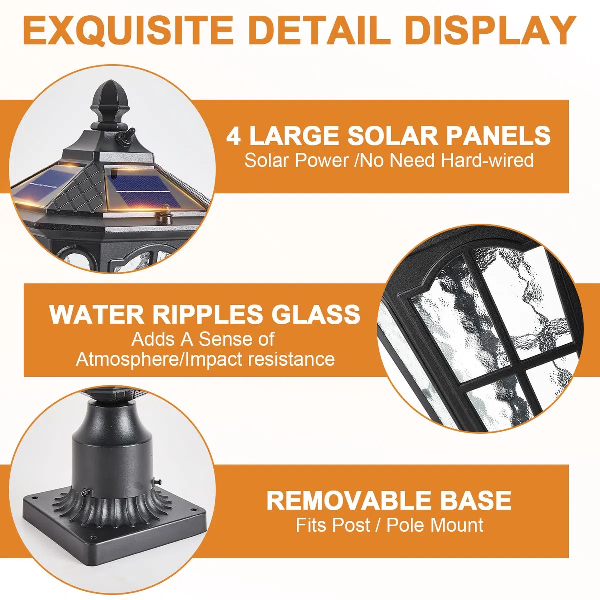 2 Stück Solarleuchte für den Außenbereich, Pfostenleuchte mit Pier Mount Base, Dämmerung bis Morgendämmerung, Aluminium, klassische Außenpolleuchten mit Wasserwellen-Glas, Solar-Säulenleuchten für