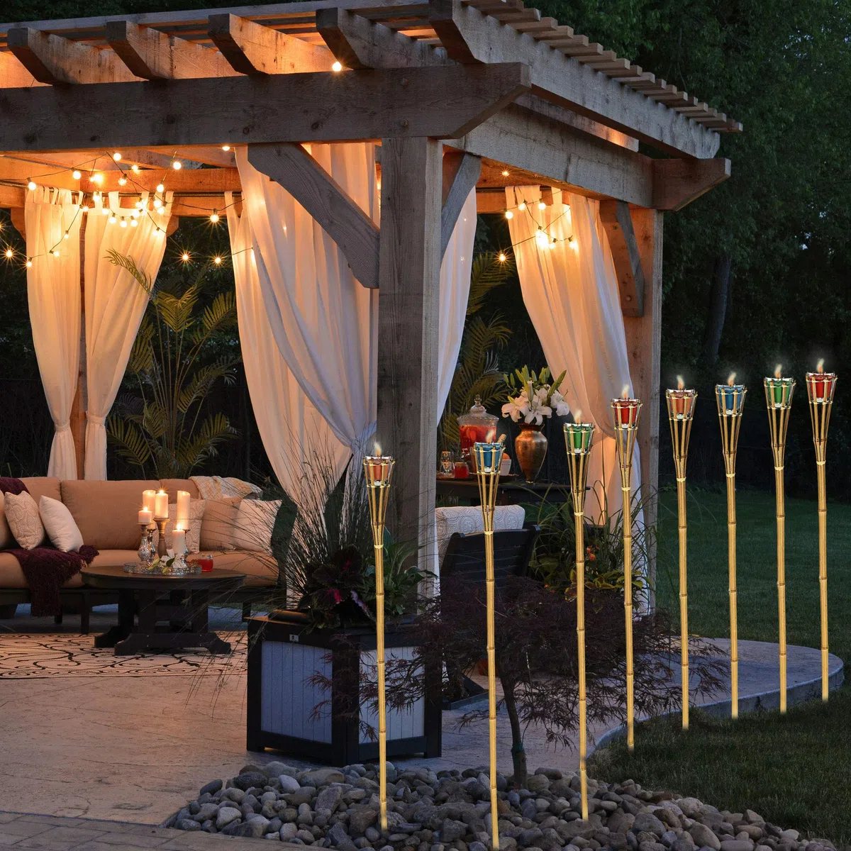 Gartenfackel Bambus Citronella | Zitronenduft H 120 cm Glas Wachs farbig | Duftkerze im Glas Fackel (1 x 4er Set Gartenfackel)