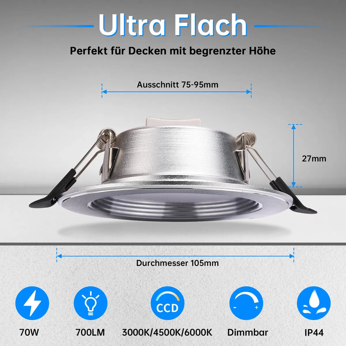 ACELIFE LED Einbaustrahler 230V Dimmbar, 7W Spot Einbauleuchten Deckenspots,Warmweiß 3000K Neutralweiß 4500K Kaltweiß 6000K Ultra Flach Deckenleuchte für Badezimmer Wohnzimmer, 6er Set