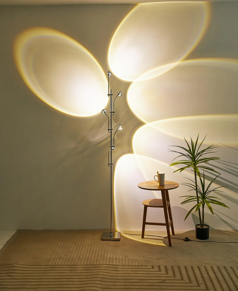 NKU Sunset Stehlampe, Projektor, 5 Köpfe, Multi-Kopf-Stehlampe mit austauschbaren Filtern, Stimmungsbeleuchtung für Schlafzimmer, Wohnzimmer, 183 cm, Chrom, einzigartig, modern, bunt