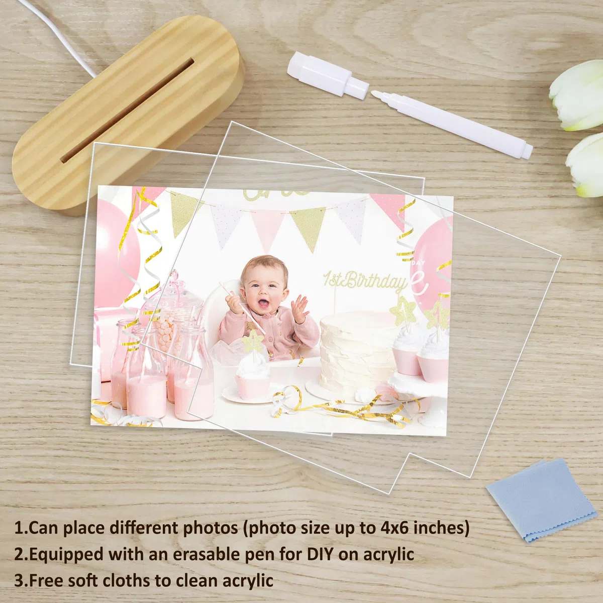 CooPark LED Notiztafel Nachtlicht, Personalisierte Bilderrahmen Lampe aus Acryl mit Löschbarer Stift, DIY Schreiben Abwischbare Nachrichtentafel Schlafzimmer Büro Dekor, Kindertag Geschenk für Kinder
