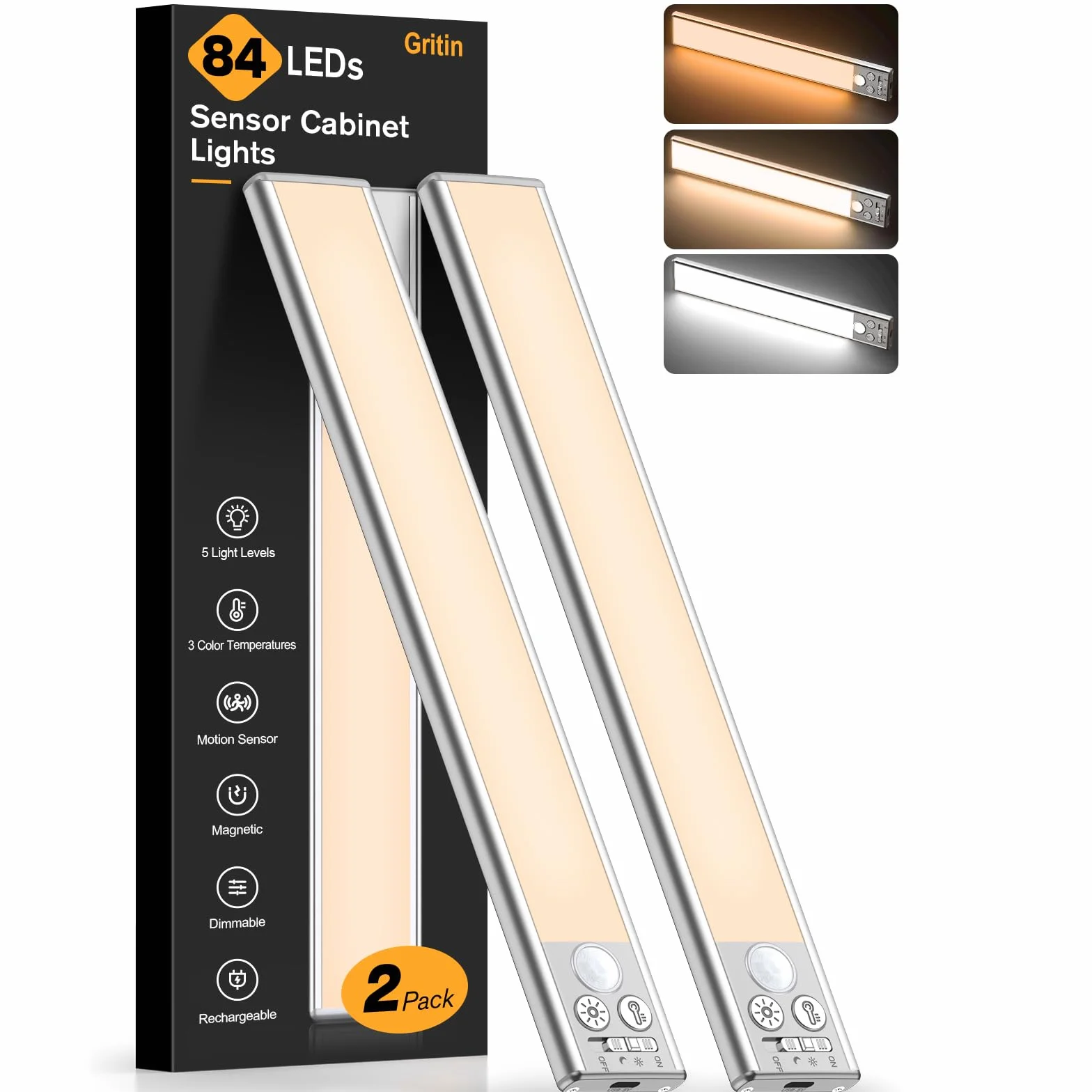 Gritin 26cm Schrankbeleuchtung Unterbauleuchte Küche LED Bewegungsmelder - Superhell Küche Licht 1800mAh Aufladbar,3 Farbe&5 Helligkeit,4 Modi,Einfach Montage Stark Magnet Schranklicht, 2 Stück