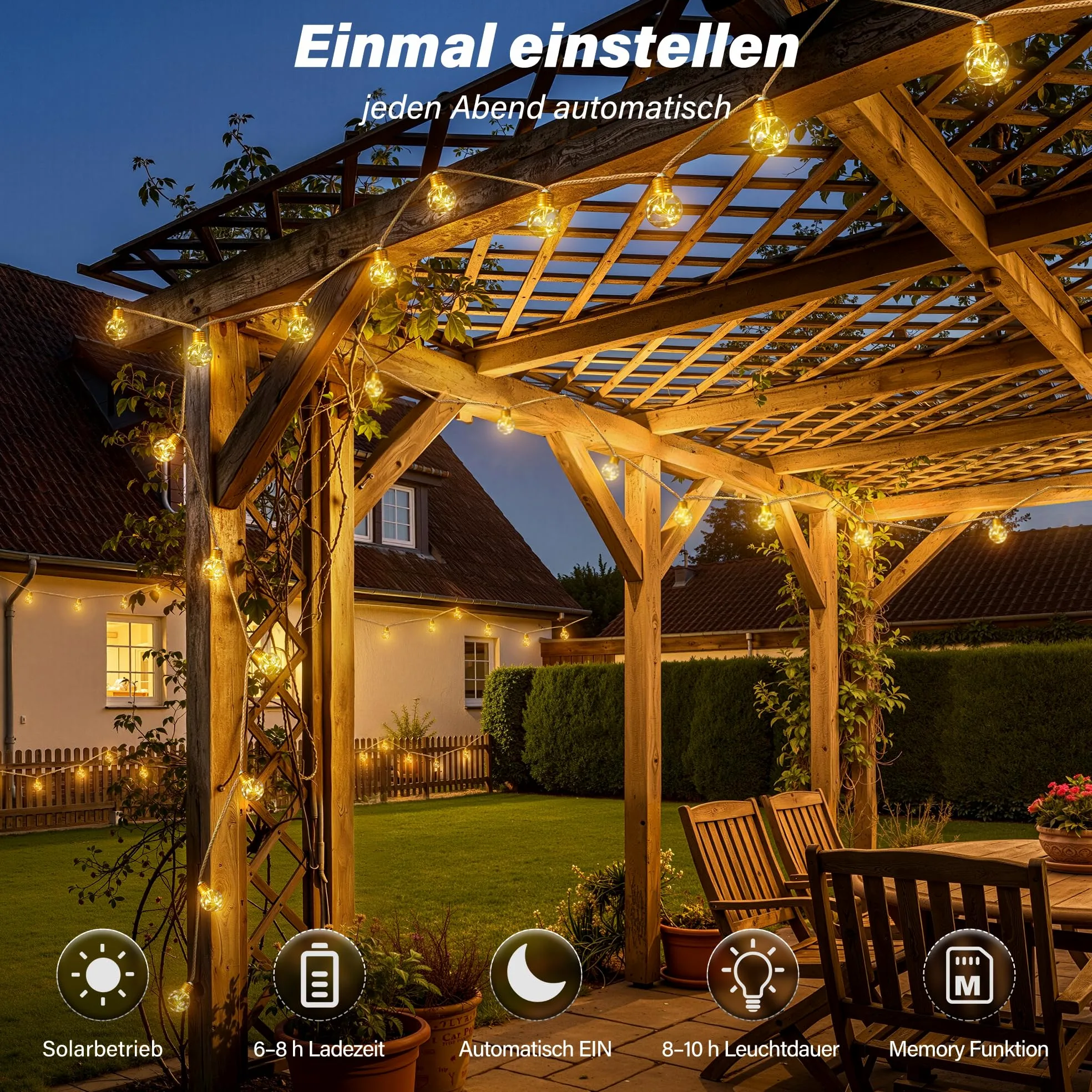 Ollny Solar Lichterkette Aussen, 16 LED Glühbirnen 8M, Lichterkette Außen Solar mit 8 Modi, Timer, Dimmbar & Memory Funktion, Wetterfest für Garten, Balkon Deko, Warmweiß
