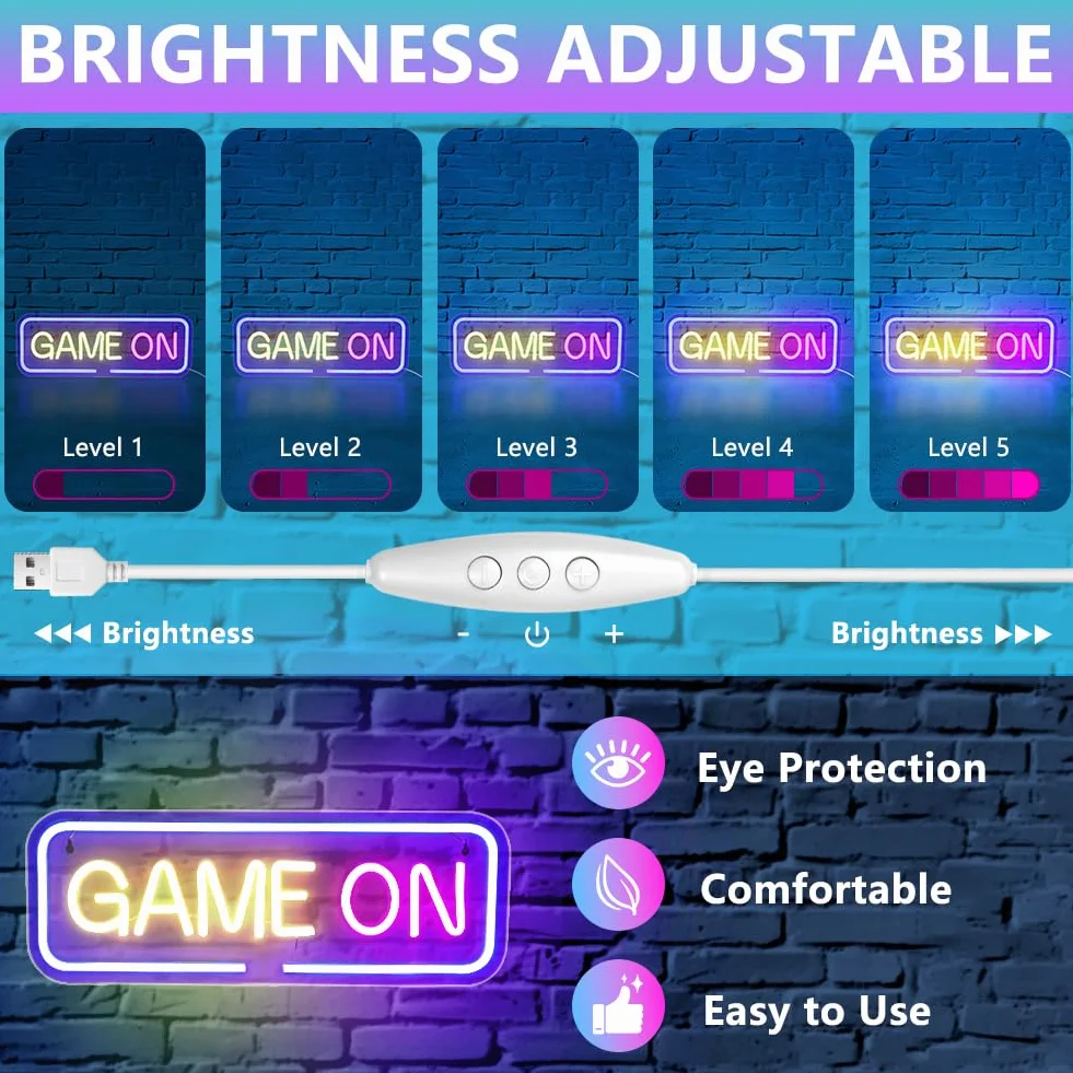 GAME ON Neon Licht,LED Neon Schild,USB Betrieben,Spiel Schriftzug Leuchtreklame,Brief Neon Light Sign für Bier Bar Resturant Game Room Wanddekoration