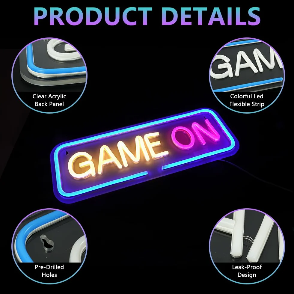 GAME ON Neon Licht,LED Neon Schild,USB Betrieben,Spiel Schriftzug Leuchtreklame,Brief Neon Light Sign für Bier Bar Resturant Game Room Wanddekoration