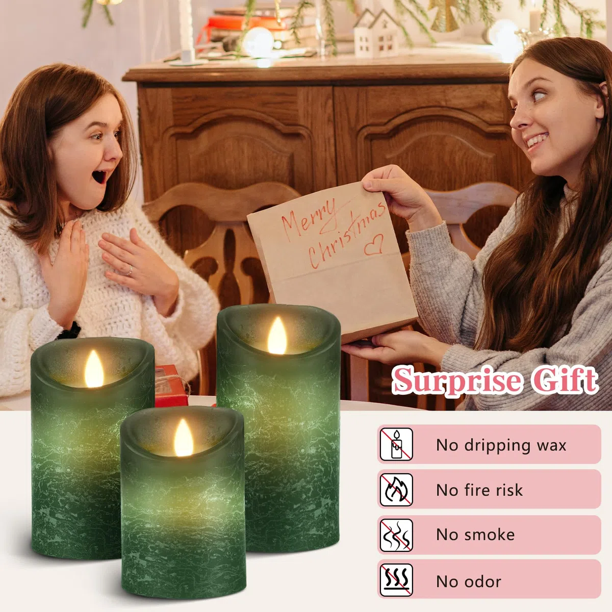3 Set Grün LED Kerzen Batteriebetriebene mit Fernbedienung，Flammenlose Echtes Wachs Flackern Moving Wick Flackern Amber Yellow Light Pillar Candles，Unscented Wachs für Geschenk/Dekoration