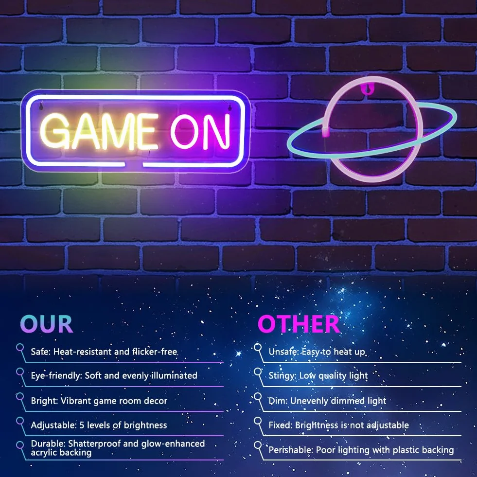 GAME ON Neon Licht,LED Neon Schild,USB Betrieben,Spiel Schriftzug Leuchtreklame,Brief Neon Light Sign für Bier Bar Resturant Game Room Wanddekoration