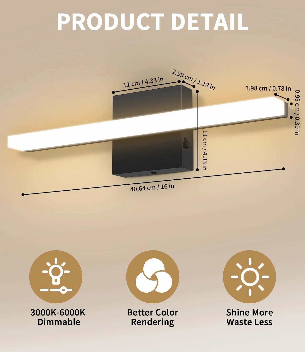 Spiegelleuchte Bad 40CM, Badezimmer Lampe 3000-6000K mit Farbtemperaturregelung, LED Badlampe Für Spiegel, Spiegellampe Mit Acrylschirm, Energiesparend & Langlebig, Wandleuchte Für Behagliche Stimmung