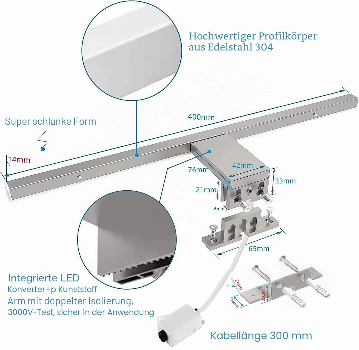 Spiegellampe Badezimmer, 10w 800lm 40cm, LED Spiegelschrank Beleuchtung, Spiegelleuchte Bad Moderne,Spiegel Lampe Bad, Naturweiß 4000K Badleuchte