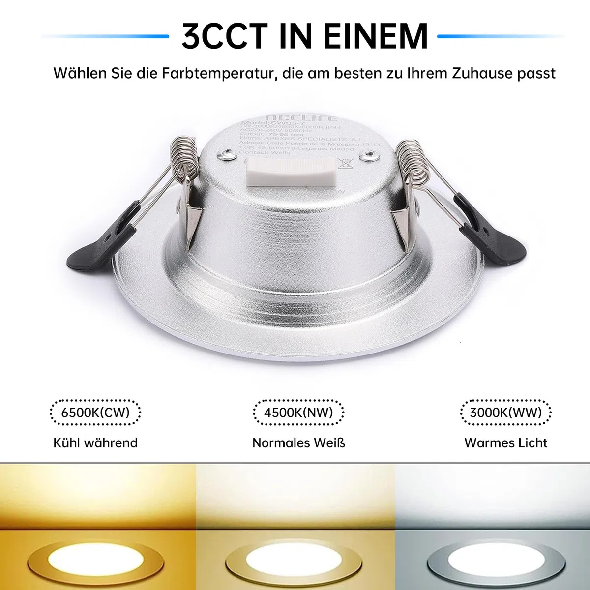 ACELIFE LED Einbaustrahler 230V Dimmbar, 7W Spot Einbauleuchten Deckenspots,Warmweiß 3000K Neutralweiß 4500K Kaltweiß 6000K Ultra Flach Deckenleuchte für Badezimmer Wohnzimmer, 6er Set