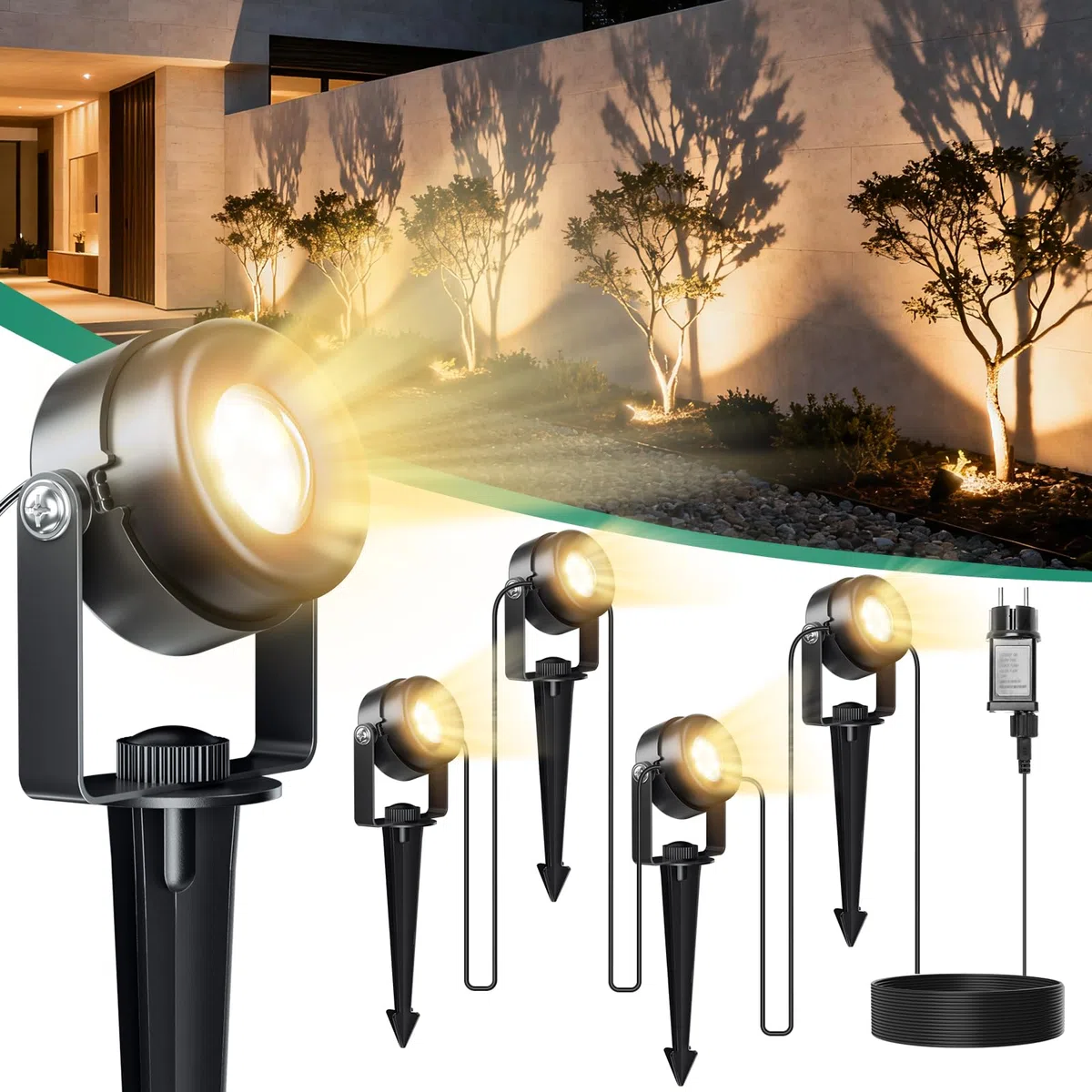 FIFlying Gartenbeleuchtung LED, 4 in 1 Gartenstrahler Strom mit 14m Kabel, 3000K Außenlampe, IP65 Wasserdicht Gartenlampen für Draußen, Gartenbrunnen, Rasenflächen, Pflanzen, Skulpturen, Wege, Zäune