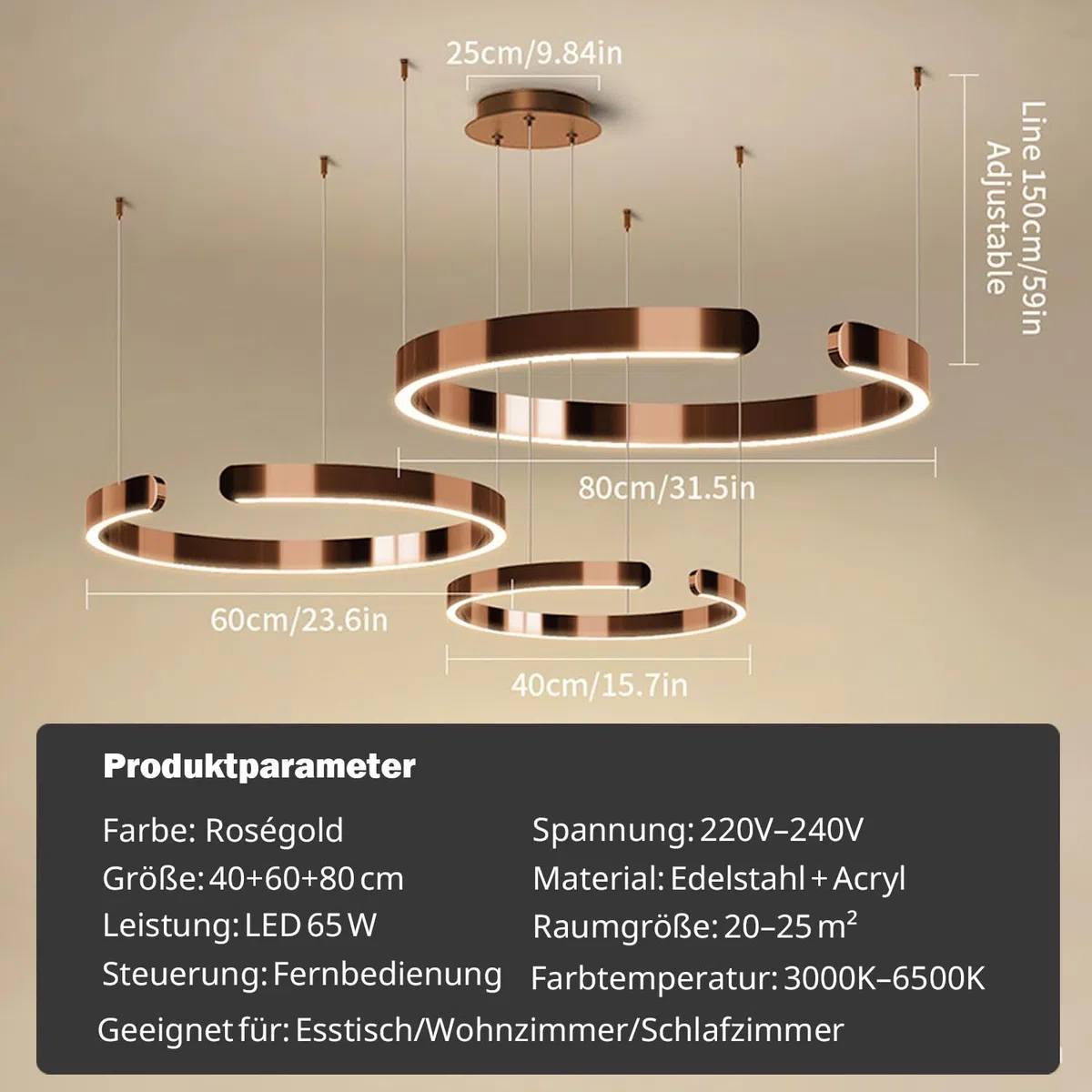 LED Pendelleuchte Modern Esstisch Hängelampe Round Ring Esszimmer Hängeleuchte Stufenlose Dimmung Wohnzimmer Kronleuchter Edelstahl Schirm Kreativ Lampe Restaurant Büro Deckenbeleuchtung(40+60+80cm)