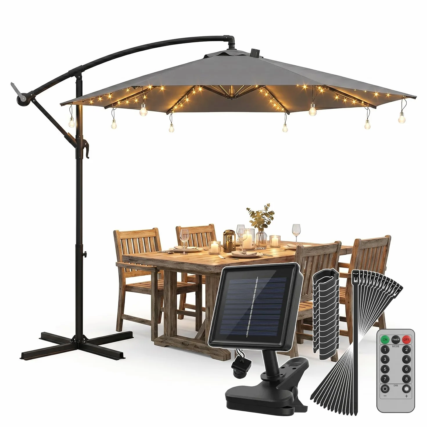 Sekey Sonnenschirm Beleuchtung Solar LED Lichterkette mit 136 LEDs & 8 Glühbirnen, Fernbedienung 8 Modi, Garten Terrasse Party Deko Licht für Ampelschirm und Sonnenschirm