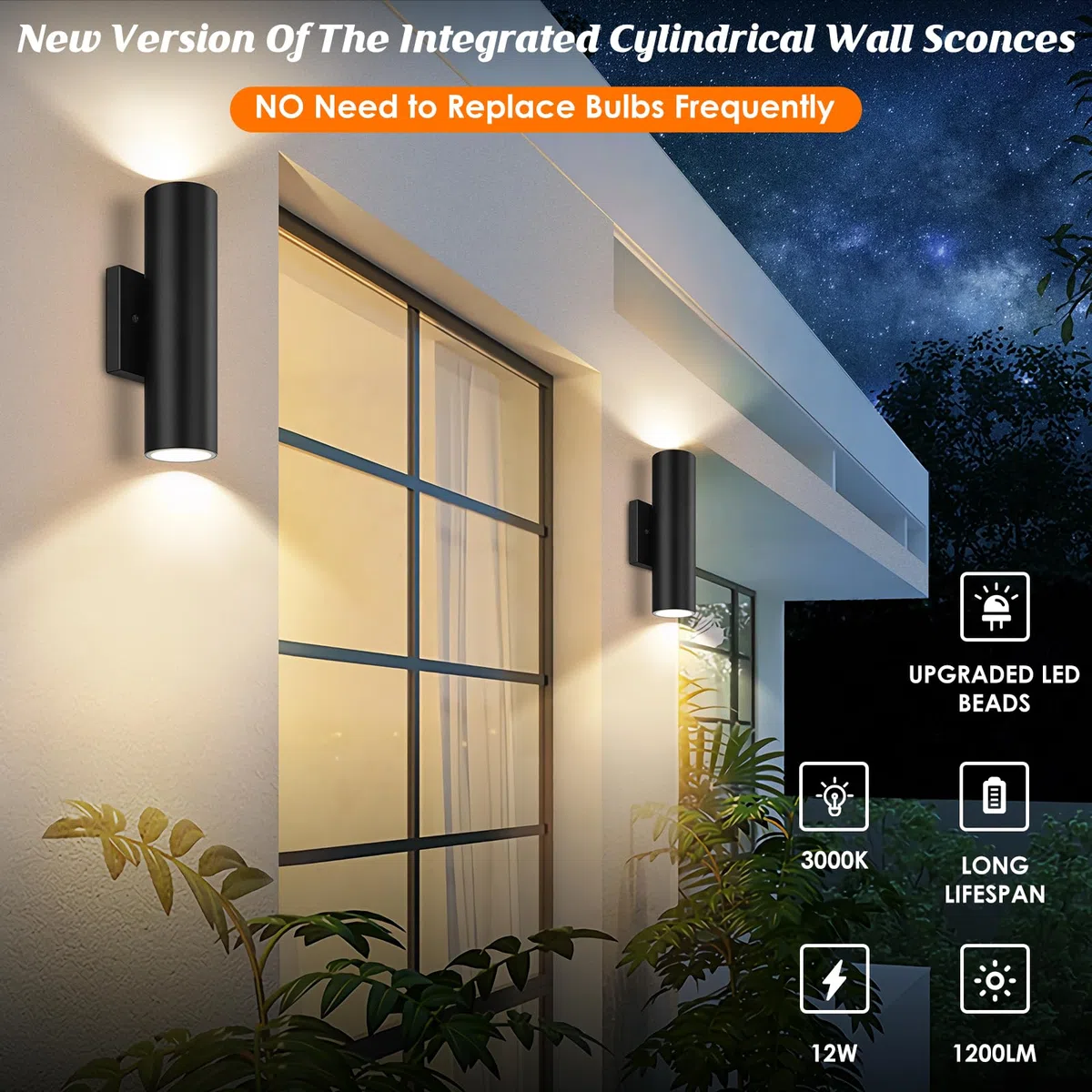 Moderne Wandleuchten für den Außenbereich, 12 W, 2700 K, LED-Zylinder mit Abdeckung aus gehärtetem Glas, wasserdicht nach oben und unten, für Veranda, Haus, Garage, 4 Stück