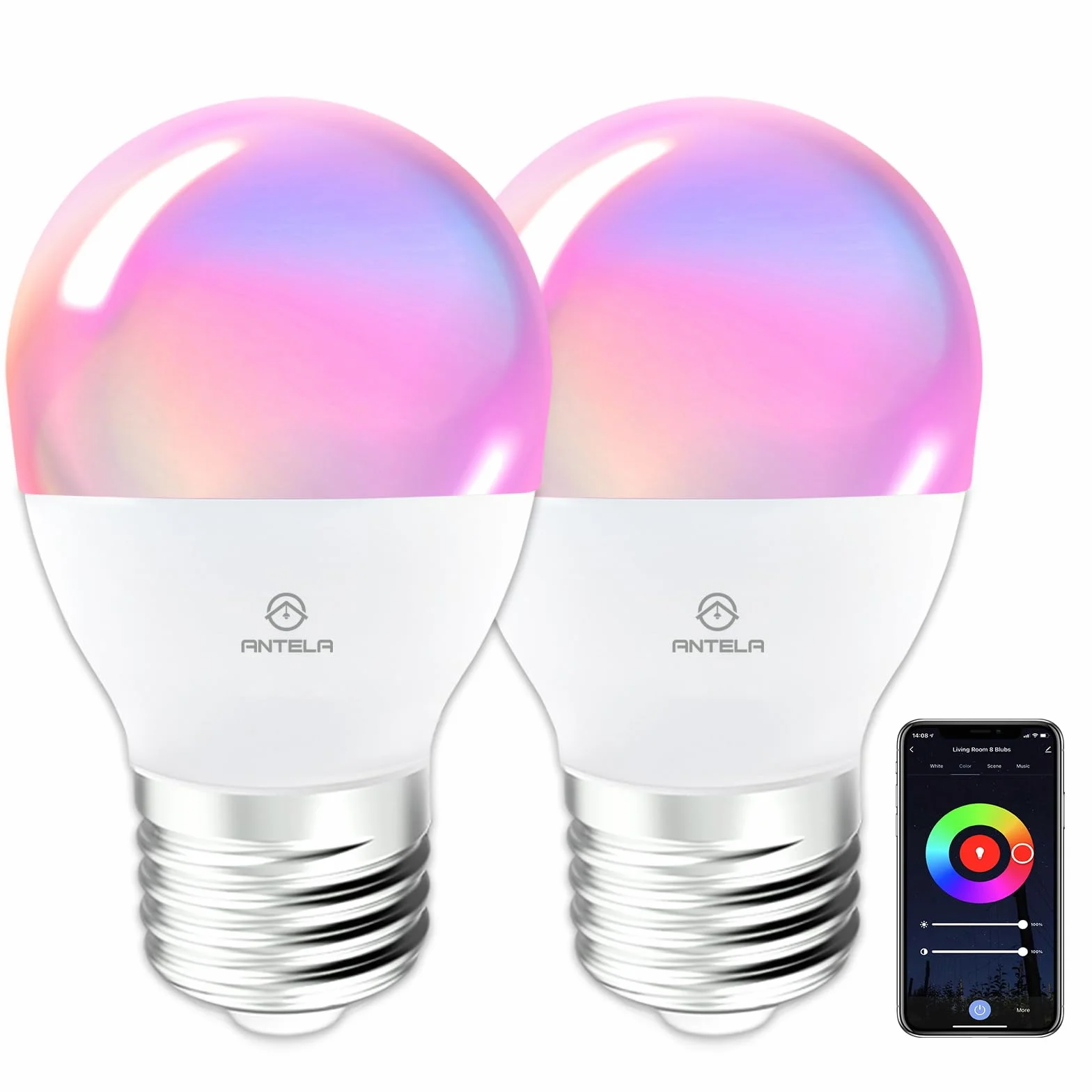 ANTELA Alexa Glühbirne E27 G45 5W 470LM Smart WLAN LED RGB Dimmbare Birne Lampe, App Steuern Kompatibel mit Google Home, Warmweiß (2700K) Kaltweiß (6500K) Licht, 2PCs
